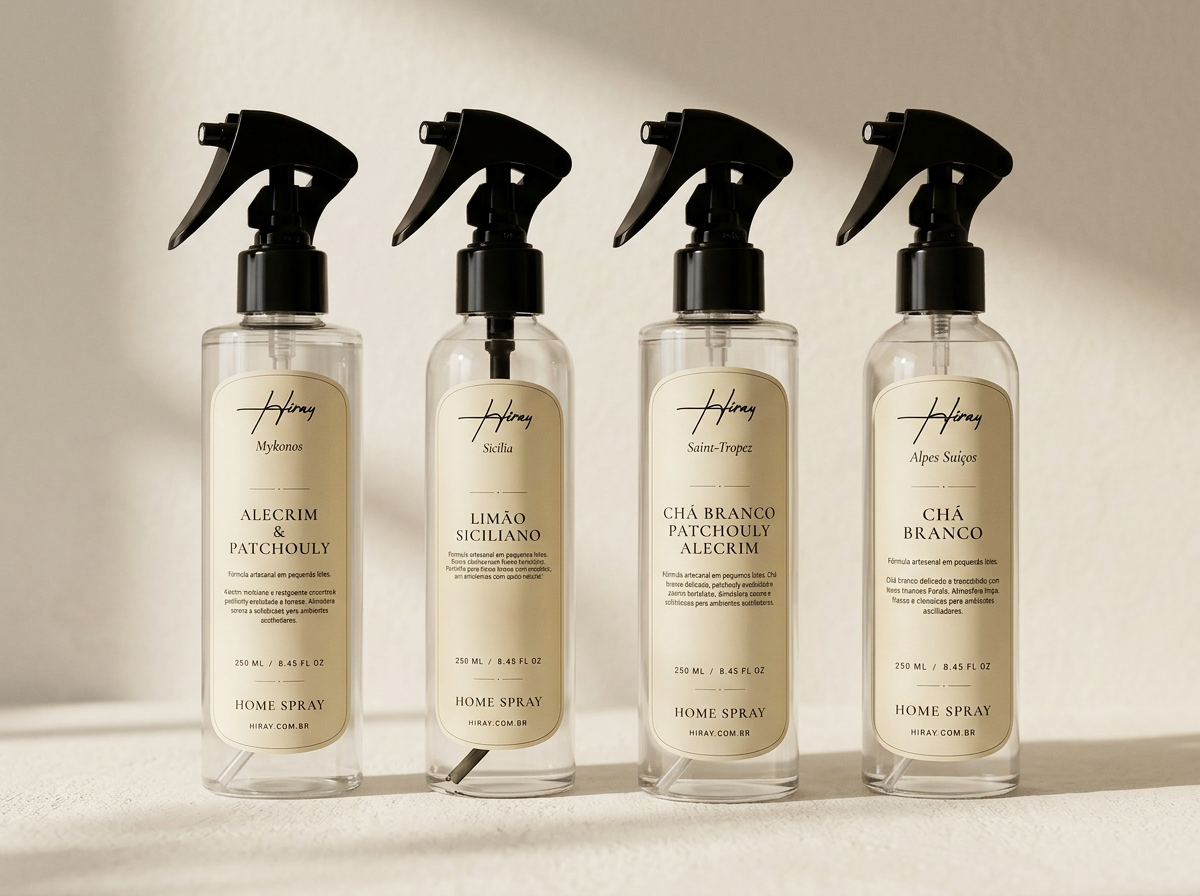 Composição dos quatro home sprays Hiray — Mykonos, Sicília, Saint-Tropez e Alpes Suíços